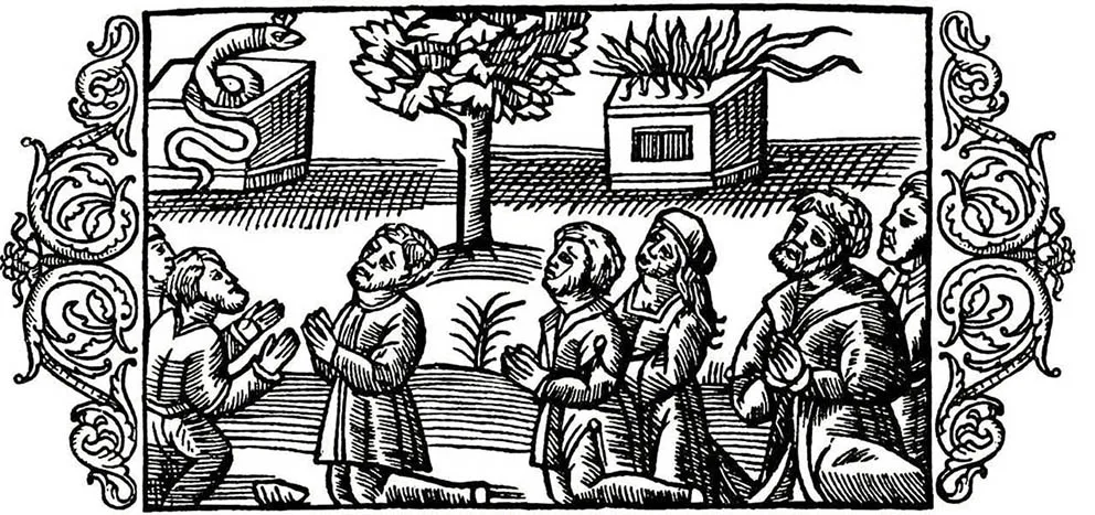 Lithuanians praying to their gods, engraving from the book 'History of the Northern Peoples' by Olaus Magnus, 1550