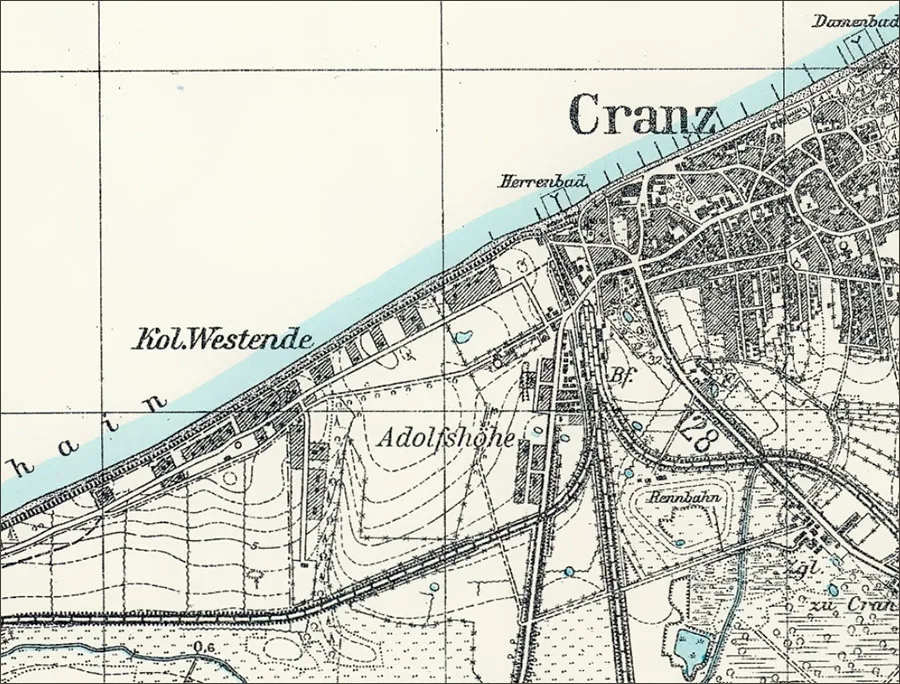 Westende kolonija ir Adolfshöhe pakrantės žemėlapyje