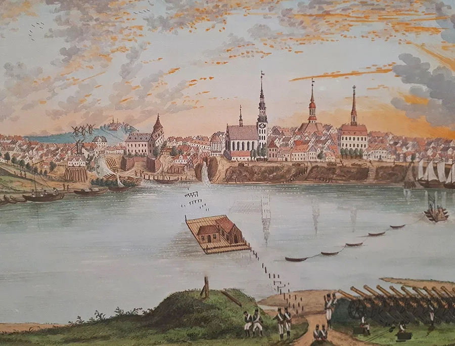 Panorama of Tilsit and the raft on which the negotiations took place