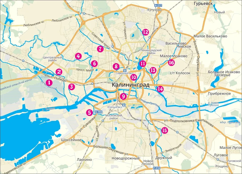 Map of the rivers, streams, canals and ponds of Kaliningrad