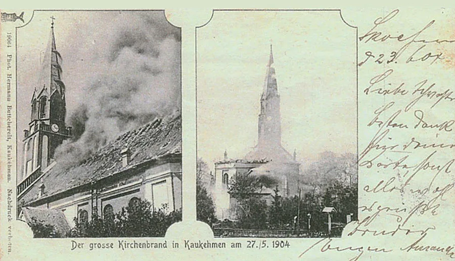 Postkarte: Brand der Kirche in Kaukehmen