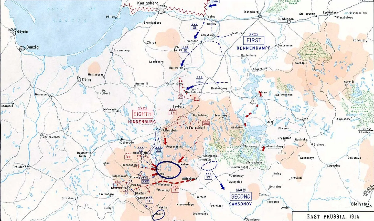 1914 m. rugpjūčio 30 d. Generolo Samsonovo armija apsupta.