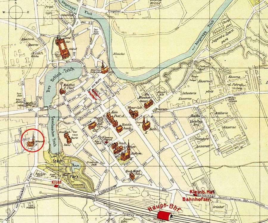 Die Melanchthonkirche auf dem Plan der Innenstadt von Insterburg