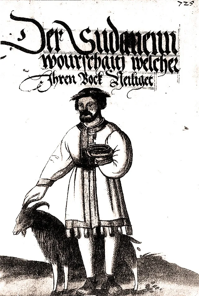 A Prussian (Sudovian) wurschaite priest from Samland and a sacrificial goat. Engraving. Sudovian Book, 1520-1530
